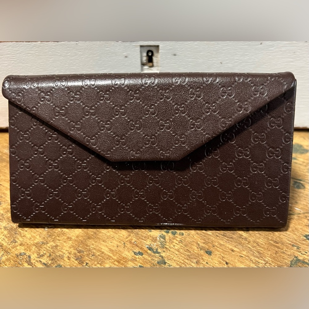 Authentic Gucci Sunglass Eyeglass Trifold Case Foldable Brown Logo Faux Leather